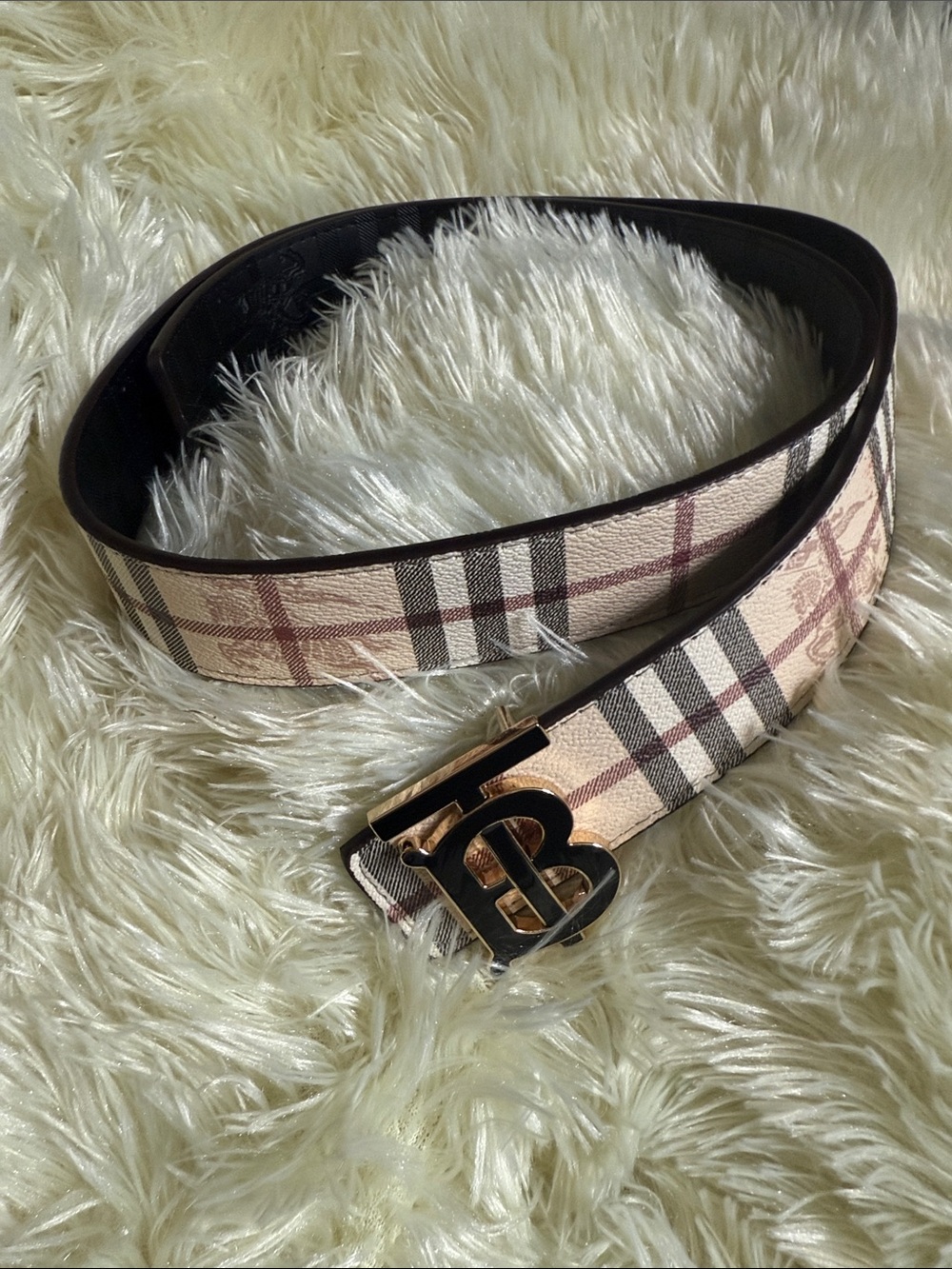 Plaid Tan Leather Belt with Monogram Buckle